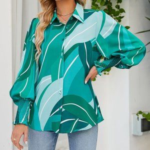 Printed bubble shoulder lantern long sleeve shirt